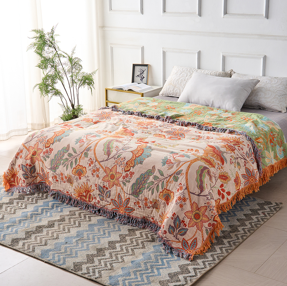 Rustic Boho Floral Blanket Cozy Decorative Throw with Fringe
