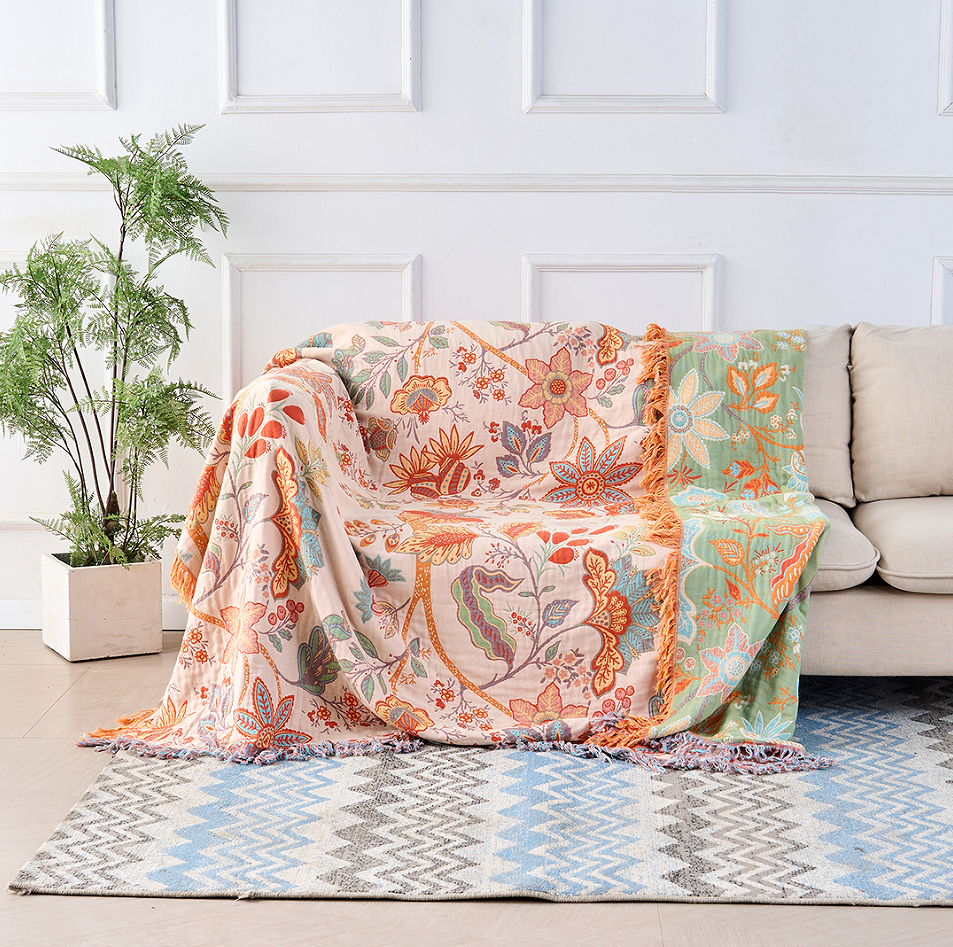 Rustic Boho Floral Blanket Cozy Decorative Throw with Fringe