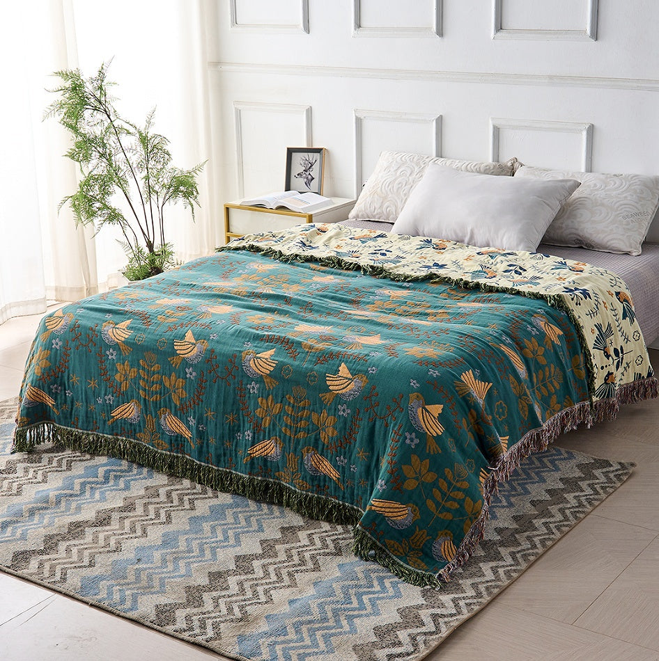 Reversible Scandinavian Bird Blanket Nordic Floral Throw with Double-Sided Design