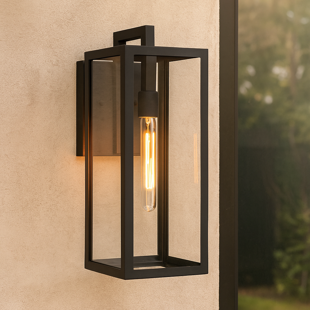 Wall lamp with glass panels and black metal frame