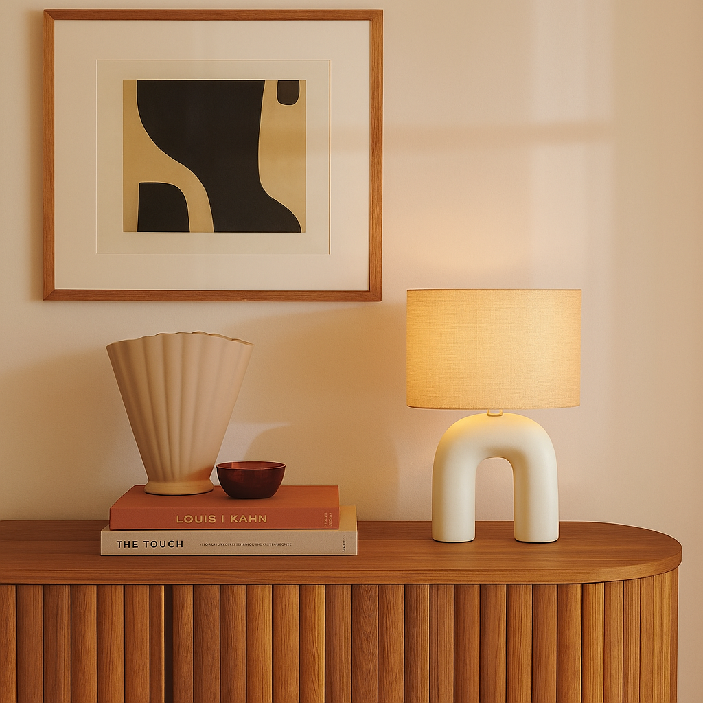 Nevel table lamp with ceramic arch and linen shade