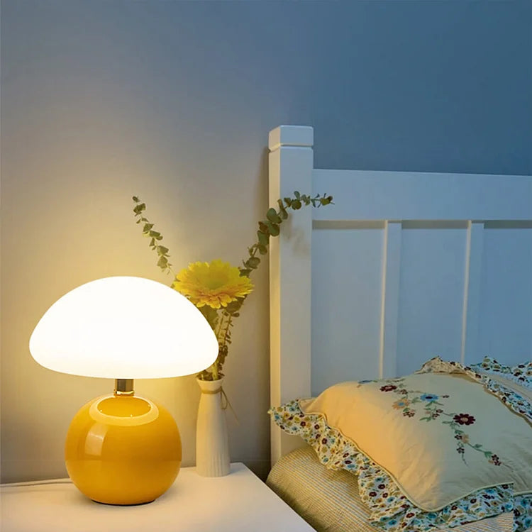 French Cream Mushroom Bedside Lamp in Retro Bauhaus Style