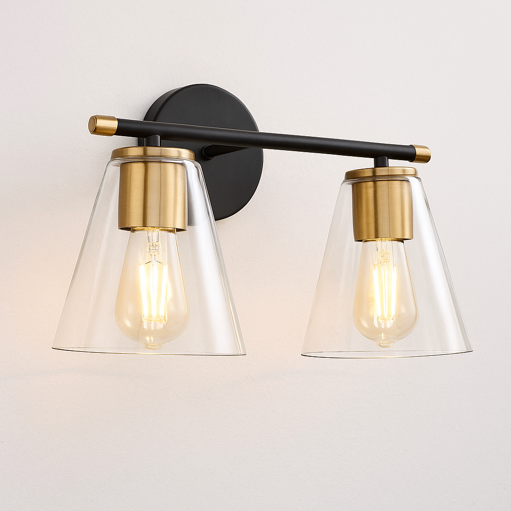 Wall lamp with two glass shades and brass accents