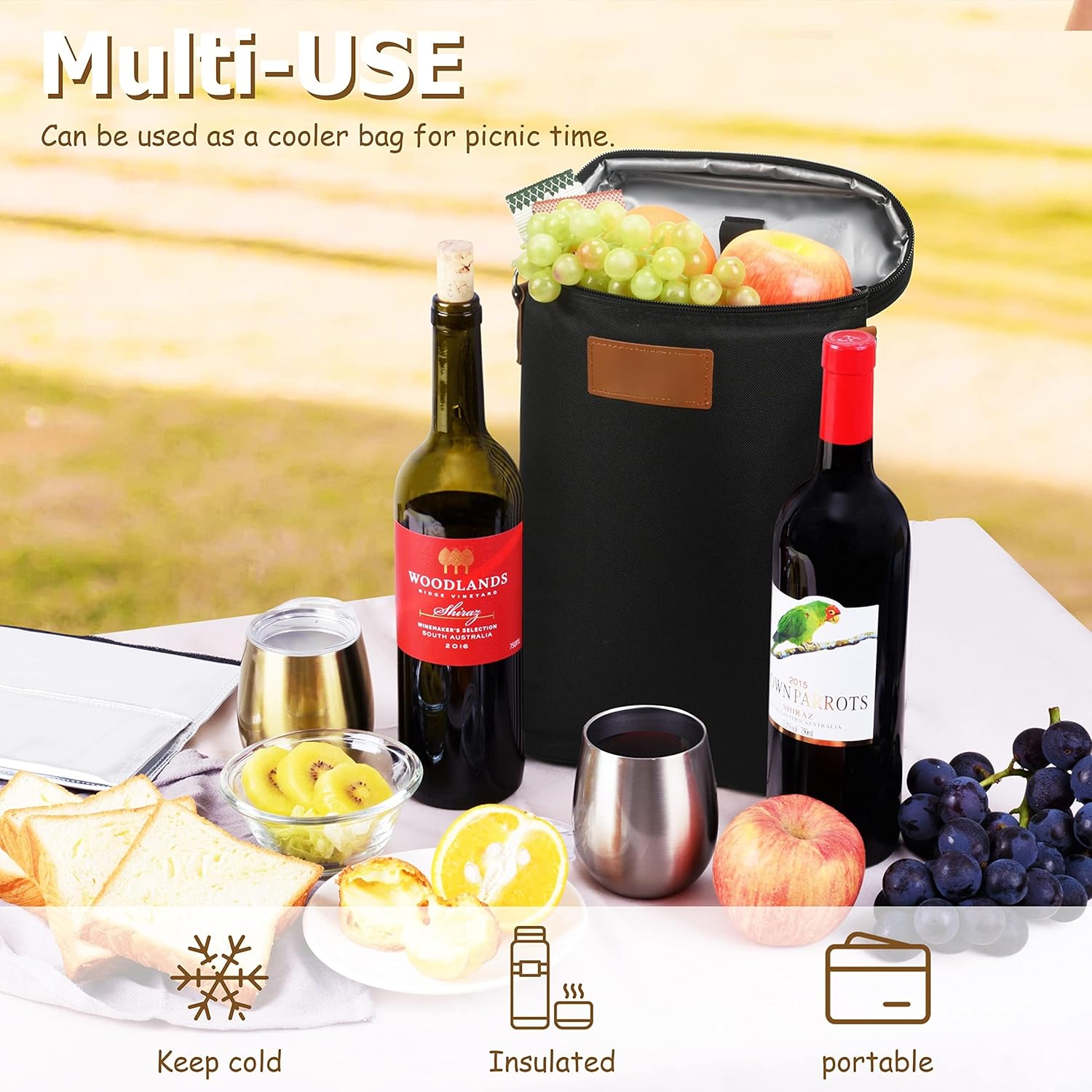 Insulated Two-Bottle Wine Carrier Bag for Picnics, Trips and Gifting