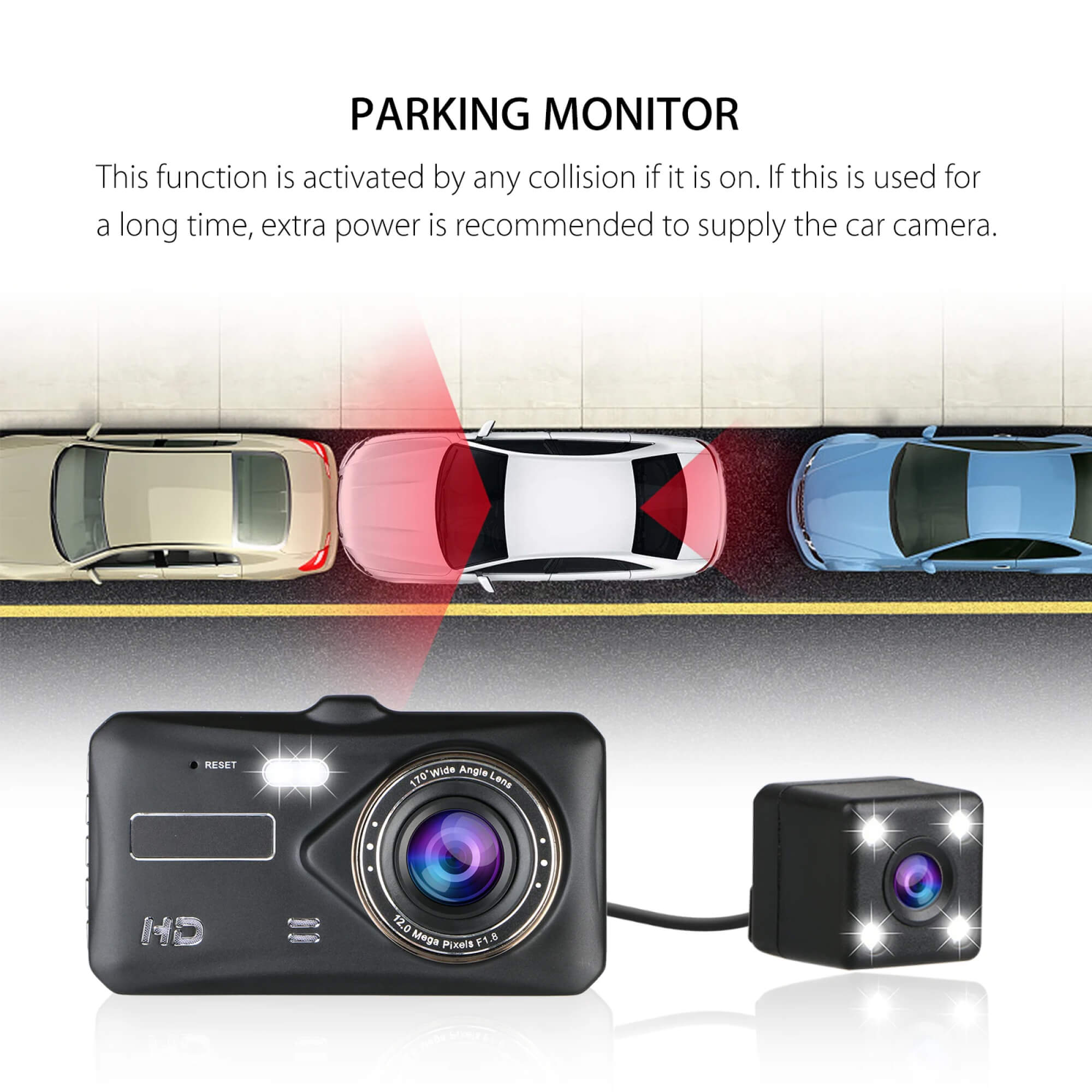 Dual Wireless Dash Camera Set with Full HD Recording and Wide Angle Lens