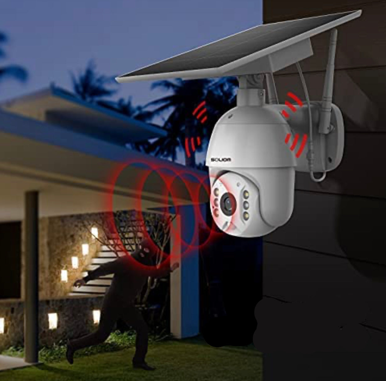 Wireless outdoor camera with solar panel and 360° rotation