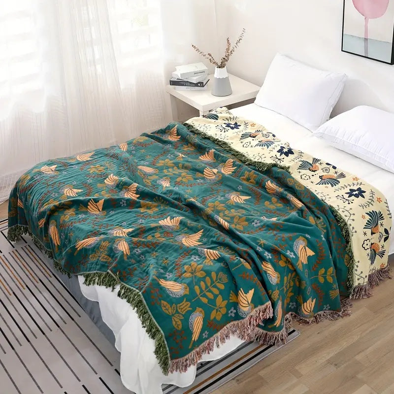 Reversible Scandinavian Bird Blanket Nordic Floral Throw with Double-Sided Design