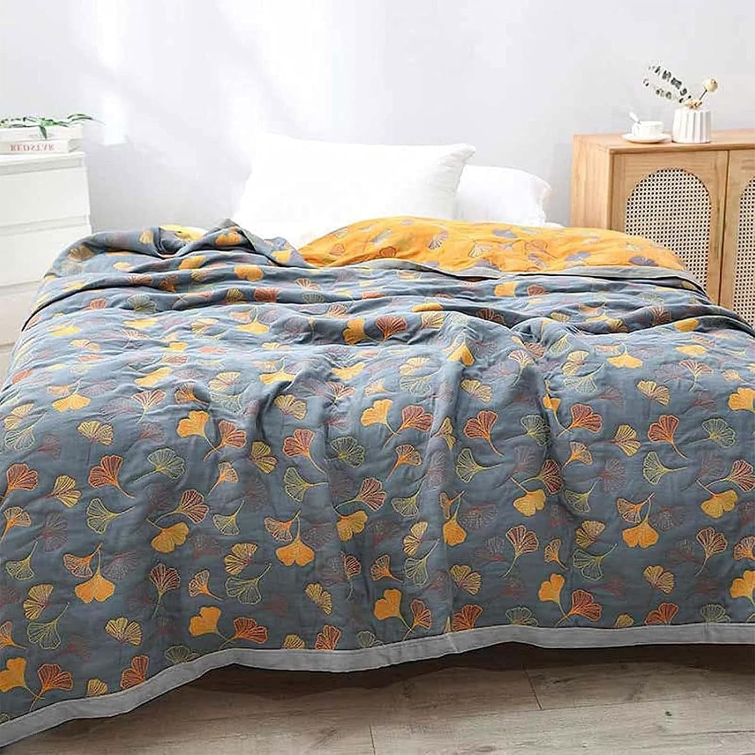 Ginkgo Leaf Throw Blanket Reversible Quilt with Yellow & Blue Pattern