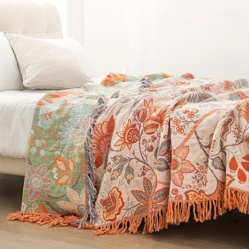 Rustic Boho Floral Blanket Cozy Decorative Throw with Fringe