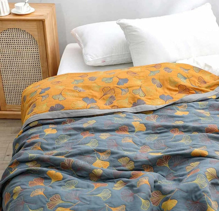 Ginkgo Leaf Throw Blanket Reversible Quilt with Yellow & Blue Pattern