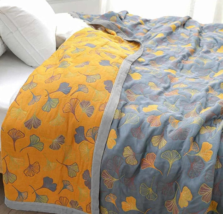 Ginkgo Leaf Throw Blanket Reversible Quilt with Yellow & Blue Pattern