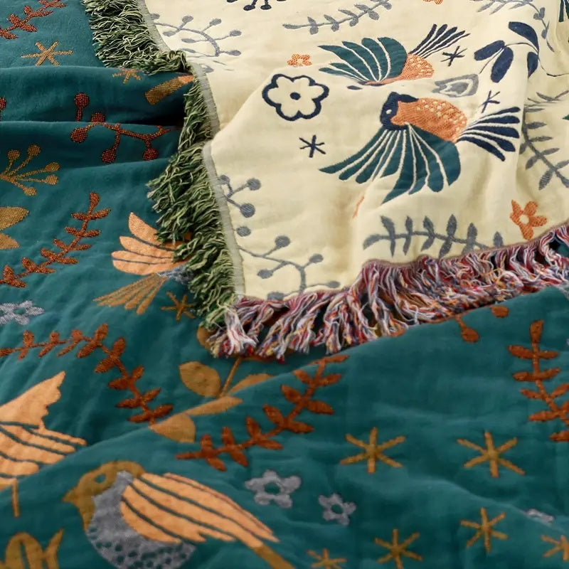 Reversible Scandinavian Bird Blanket Nordic Floral Throw with Double-Sided Design