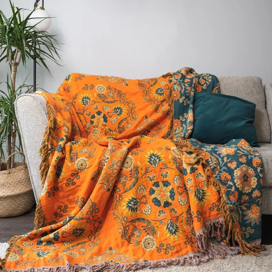 Marigold Reversible Throw Blanket Floral Orange & Teal Sofa and Travel Blanket
