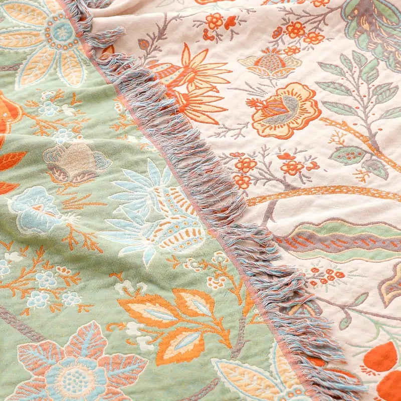Rustic Boho Floral Blanket Cozy Decorative Throw with Fringe