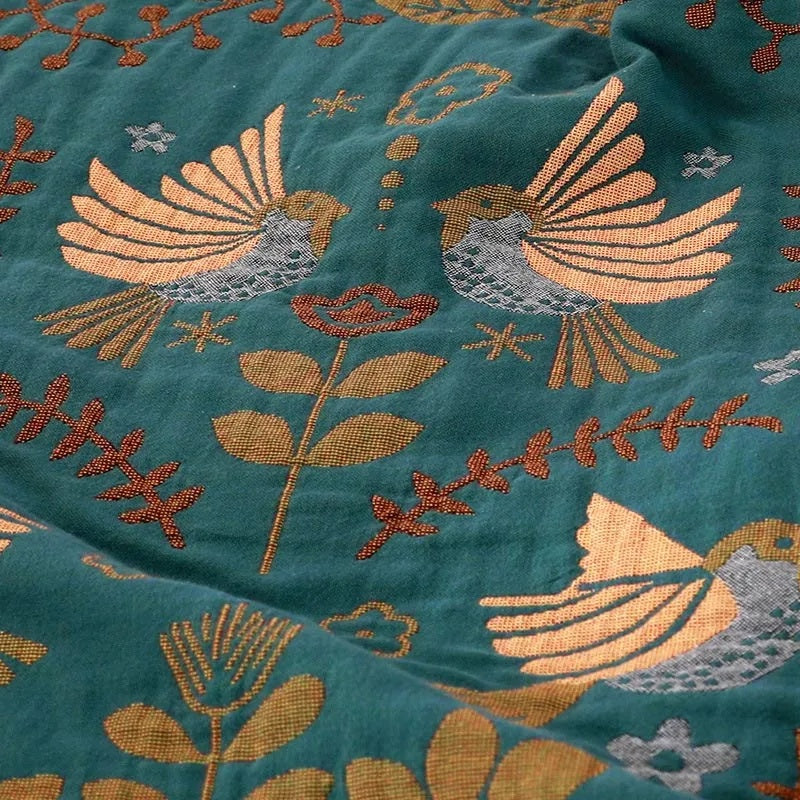 Reversible Scandinavian Bird Blanket Nordic Floral Throw with Double-Sided Design