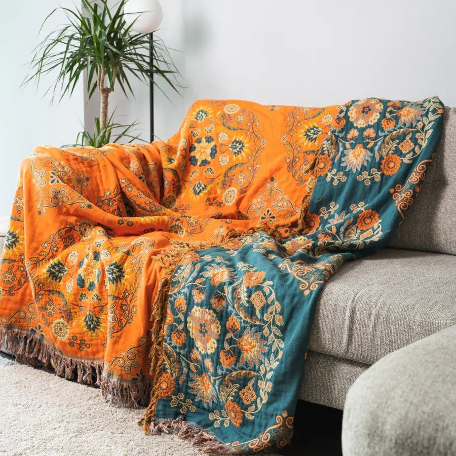 Marigold Reversible Throw Blanket Floral Orange & Teal Sofa and Travel Blanket