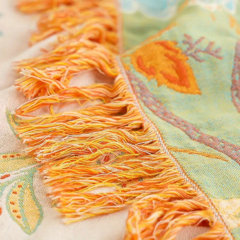 Rustic Boho Floral Blanket Cozy Decorative Throw with Fringe