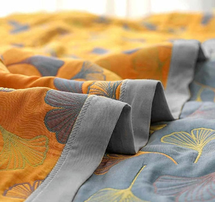 Ginkgo Leaf Throw Blanket Reversible Quilt with Yellow & Blue Pattern