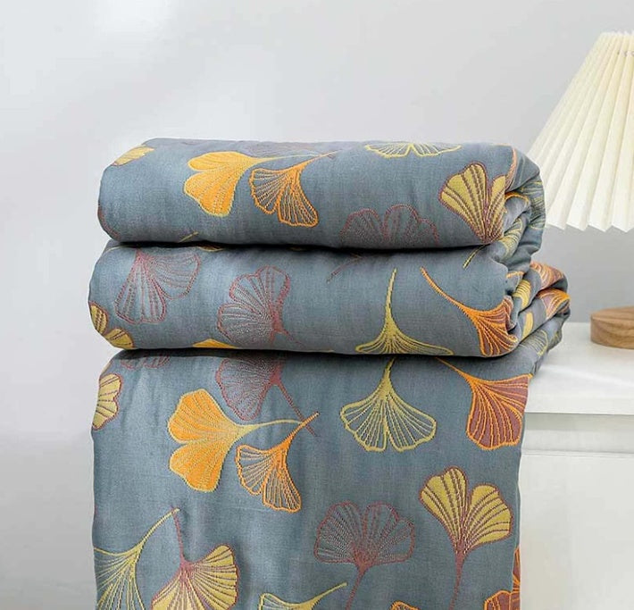 Ginkgo Leaf Throw Blanket Reversible Quilt with Yellow & Blue Pattern