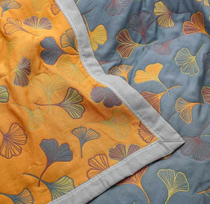 Ginkgo Leaf Throw Blanket Reversible Quilt with Yellow & Blue Pattern