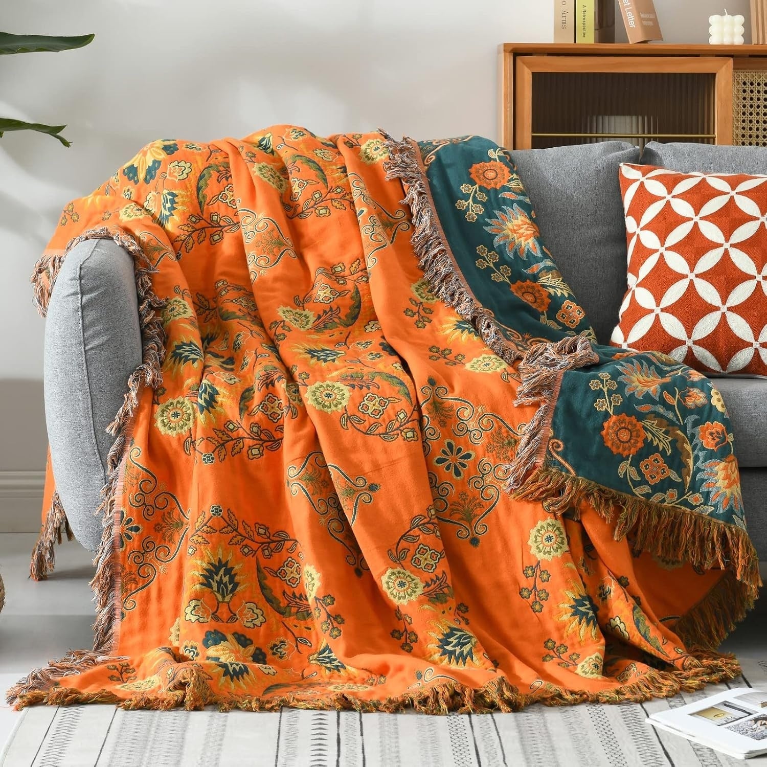 Marigold Reversible Throw Blanket Floral Orange & Teal Sofa and Travel Blanket