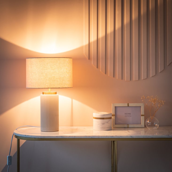 Vigo Table Lamp of Ceramic with Ribbed Texture and Fabric Shade