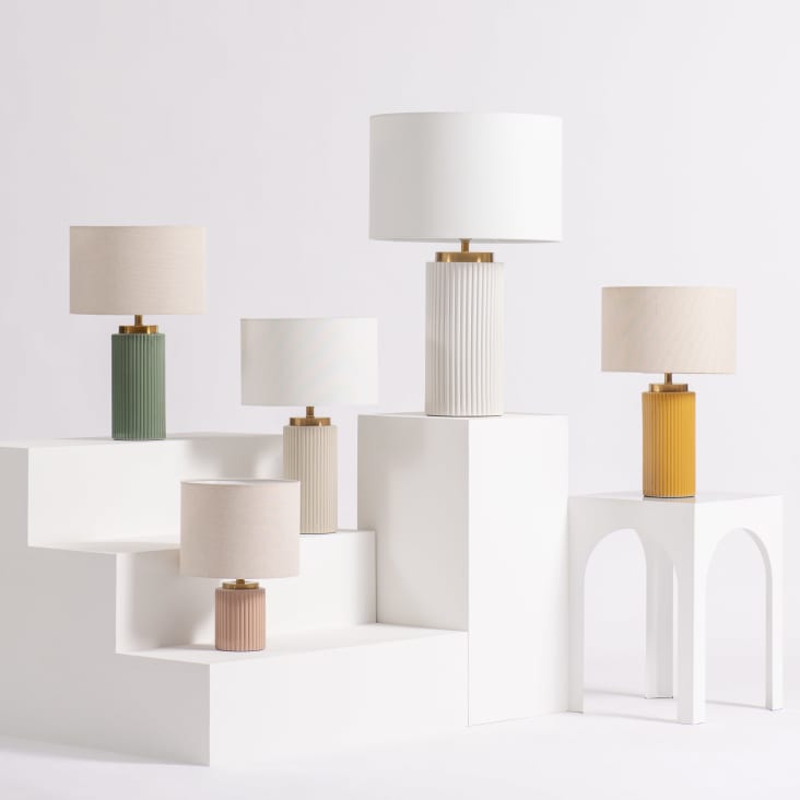 Vigo Table Lamp of Ceramic with Ribbed Texture and Fabric Shade