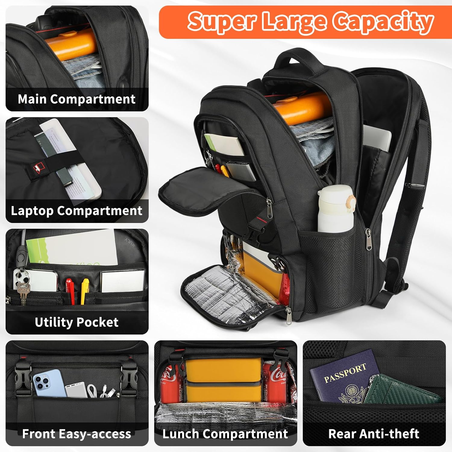 Large Laptop and Lunch Travel Backpack with USB Port and Anti-Theft Design