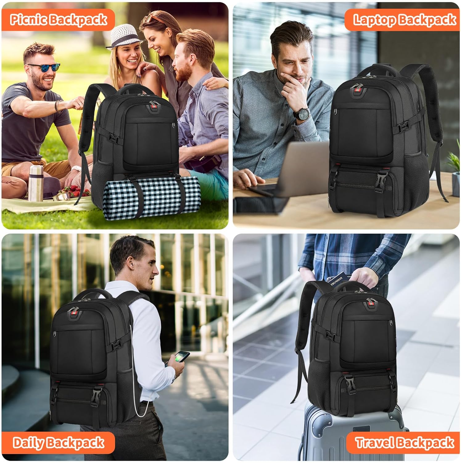 Large Laptop and Lunch Travel Backpack with USB Port and Anti-Theft Design