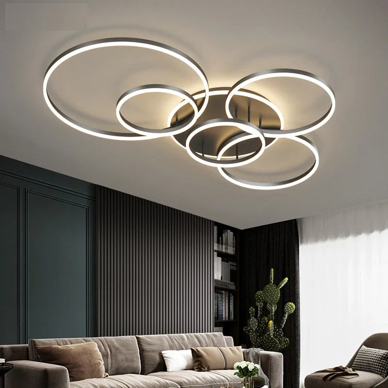 Modern Black LED Ceiling Light with Rings Dimmable with Remote Control