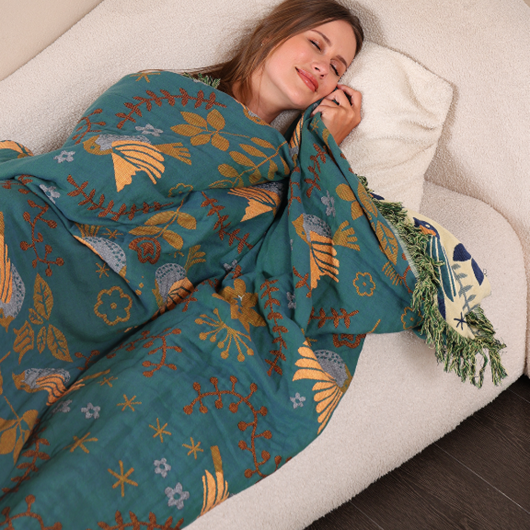 Reversible Scandinavian Bird Blanket Nordic Floral Throw with Double-Sided Design