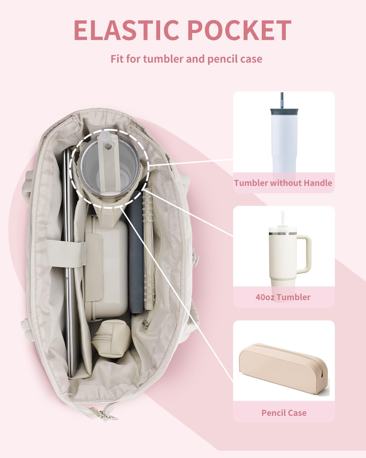 Quilted Tote Bag with Tumbler Holder and Padded Laptop Sleeve