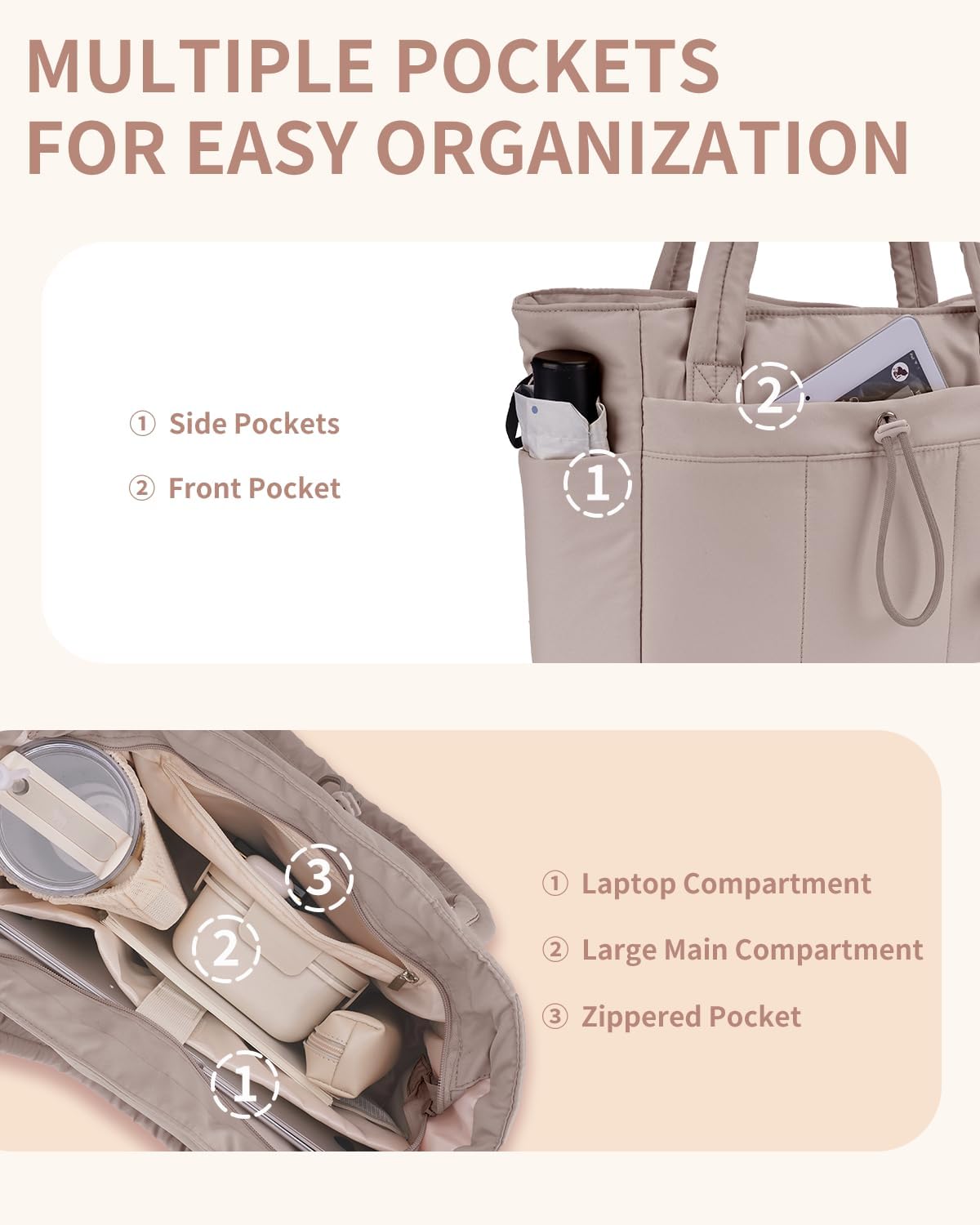 Quilted Tote Bag with Tumbler Holder and Padded Laptop Sleeve