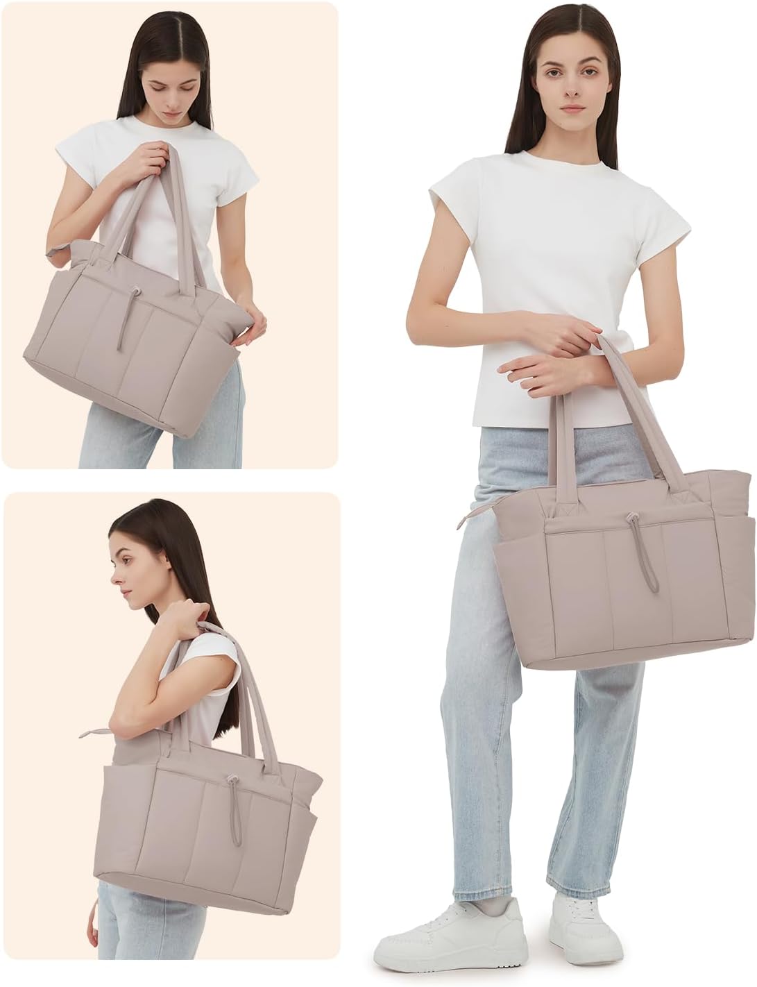 Quilted Tote Bag with Tumbler Holder and Padded Laptop Sleeve