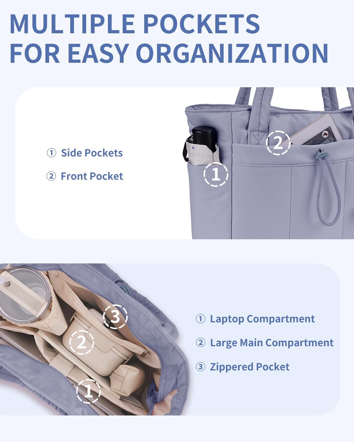 Quilted Tote Bag with Tumbler Holder and Padded Laptop Sleeve