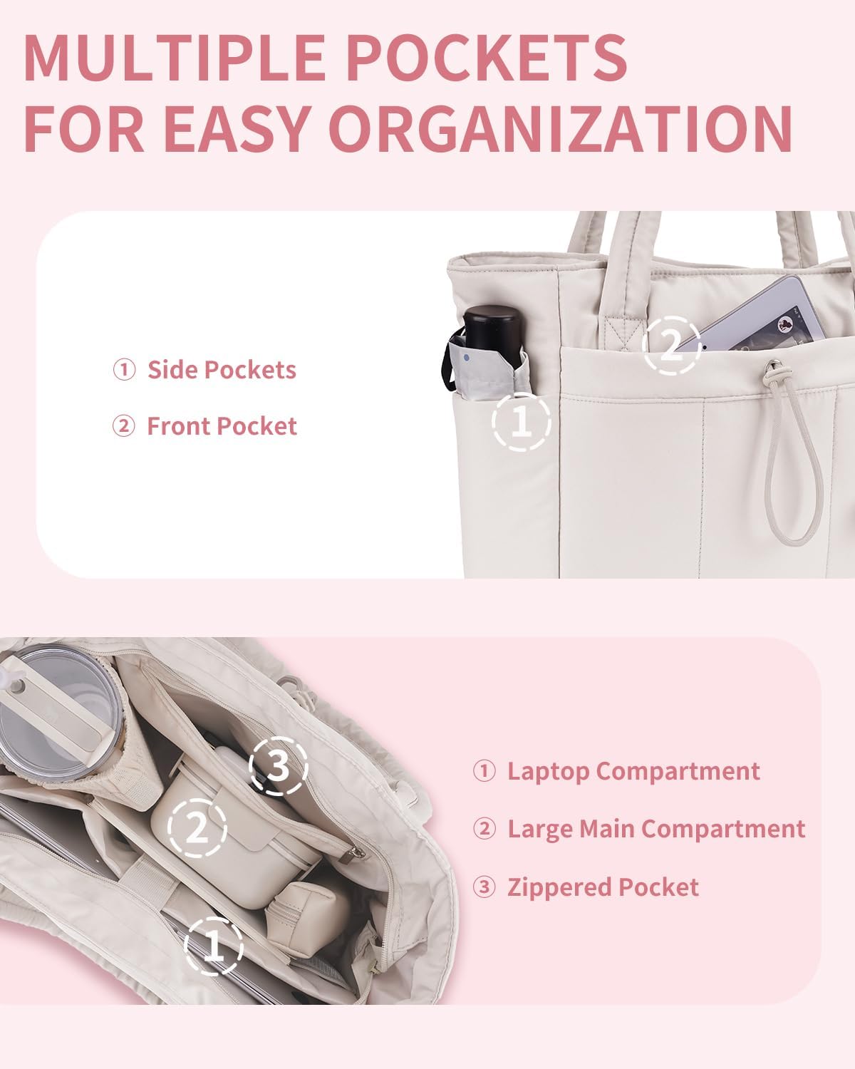 Quilted Tote Bag with Tumbler Holder and Padded Laptop Sleeve